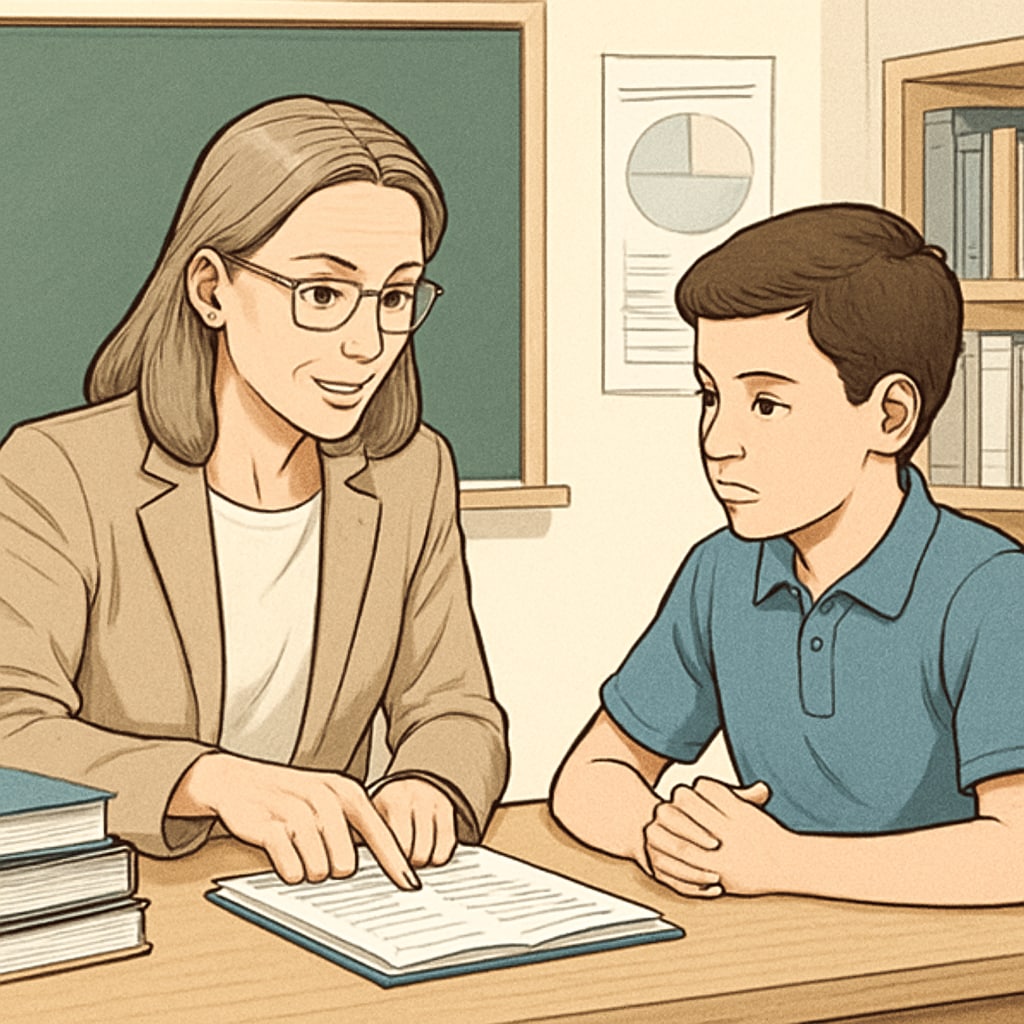 Teacher advising a student on grade skipping and personalized learning.