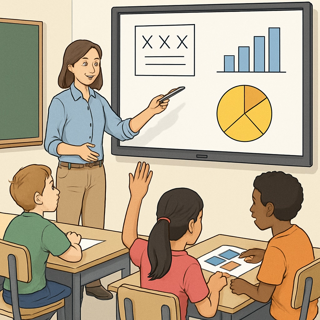 Teacher and students in a dynamic classroom environment, demonstrating interactive learning.