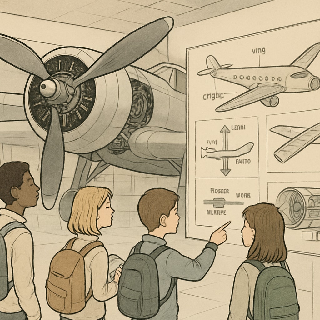 Students learning about aviation and flight mechanics at a museum.