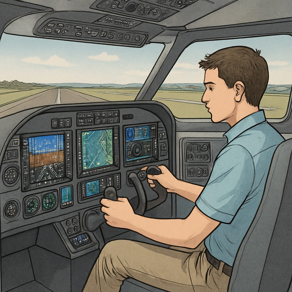 A student using a flight simulator to learn aviation controls.