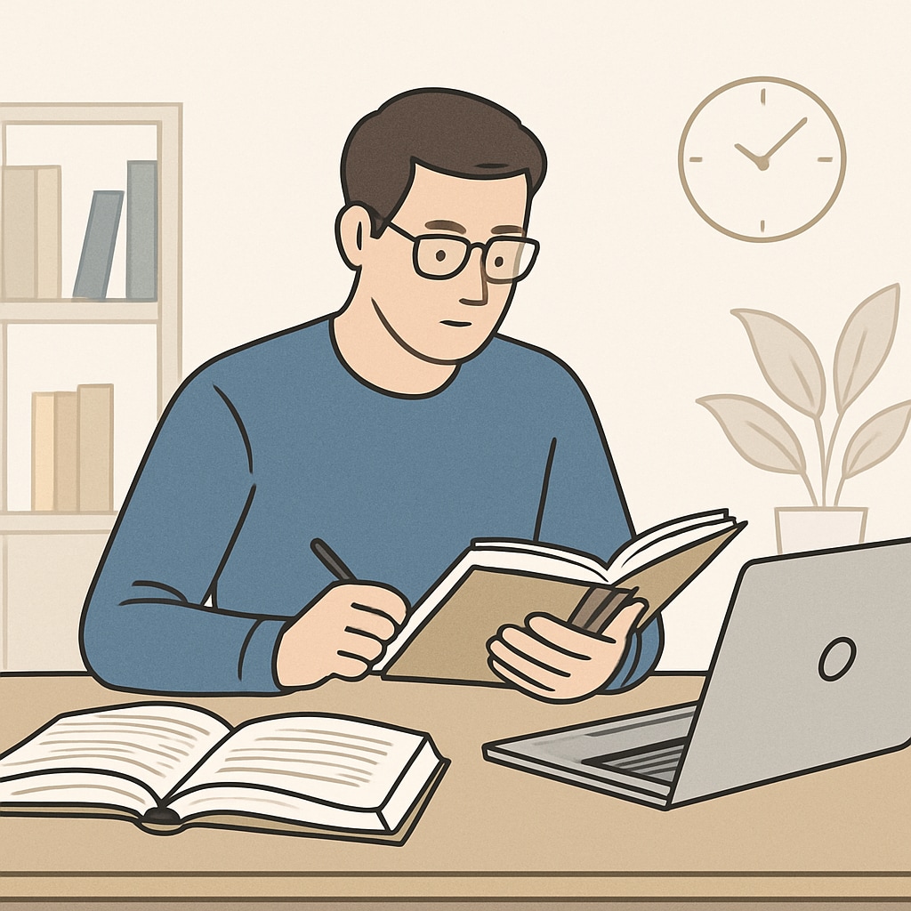 Adult education and self-learning with books and a laptop.