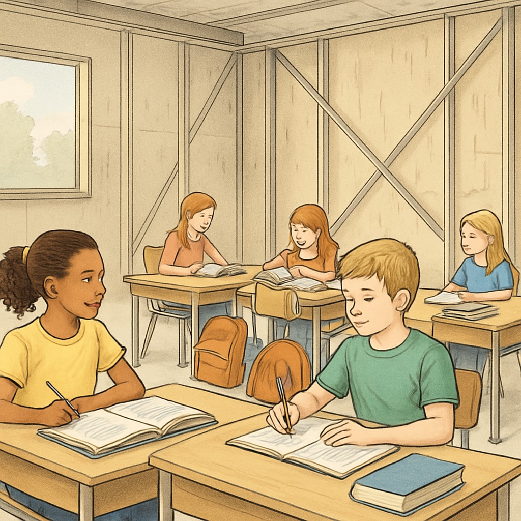 Children in temporary classrooms during school renovation.