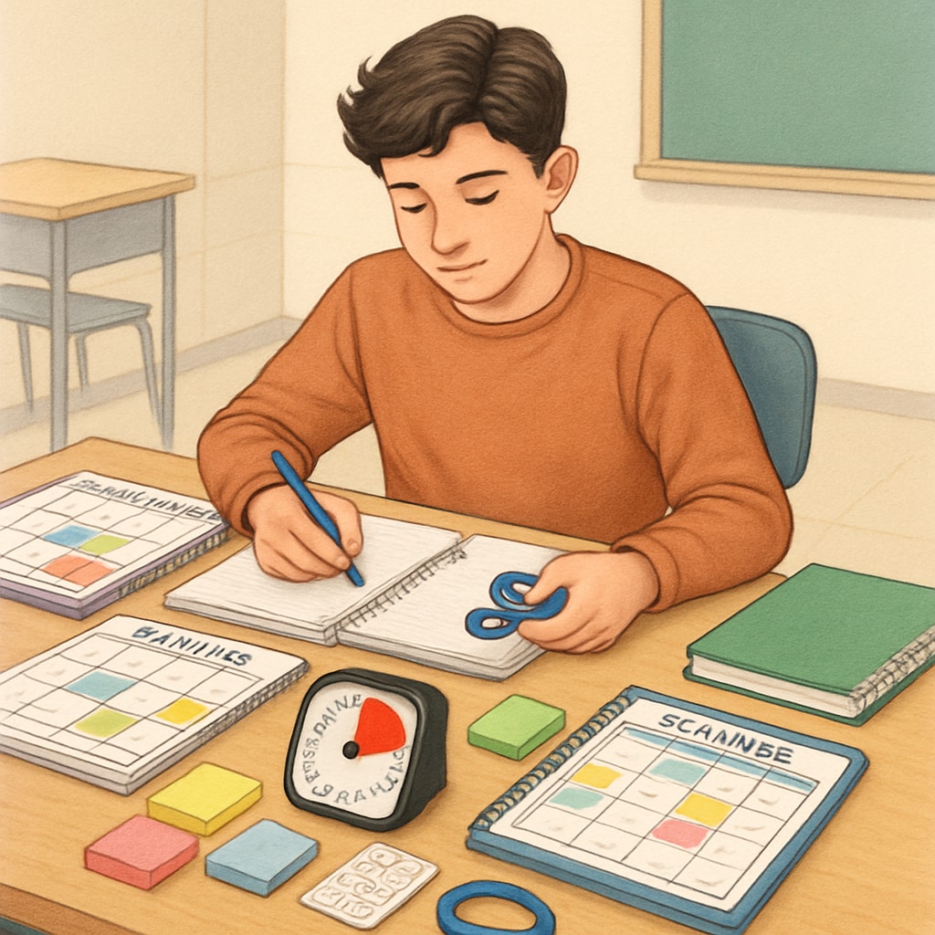 High school student with ADHD using tools to organize their studies.