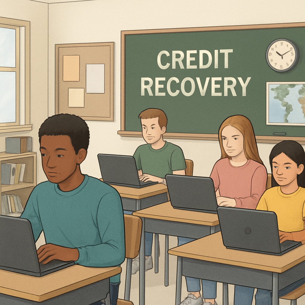 Students in a credit recovery classroom setting.