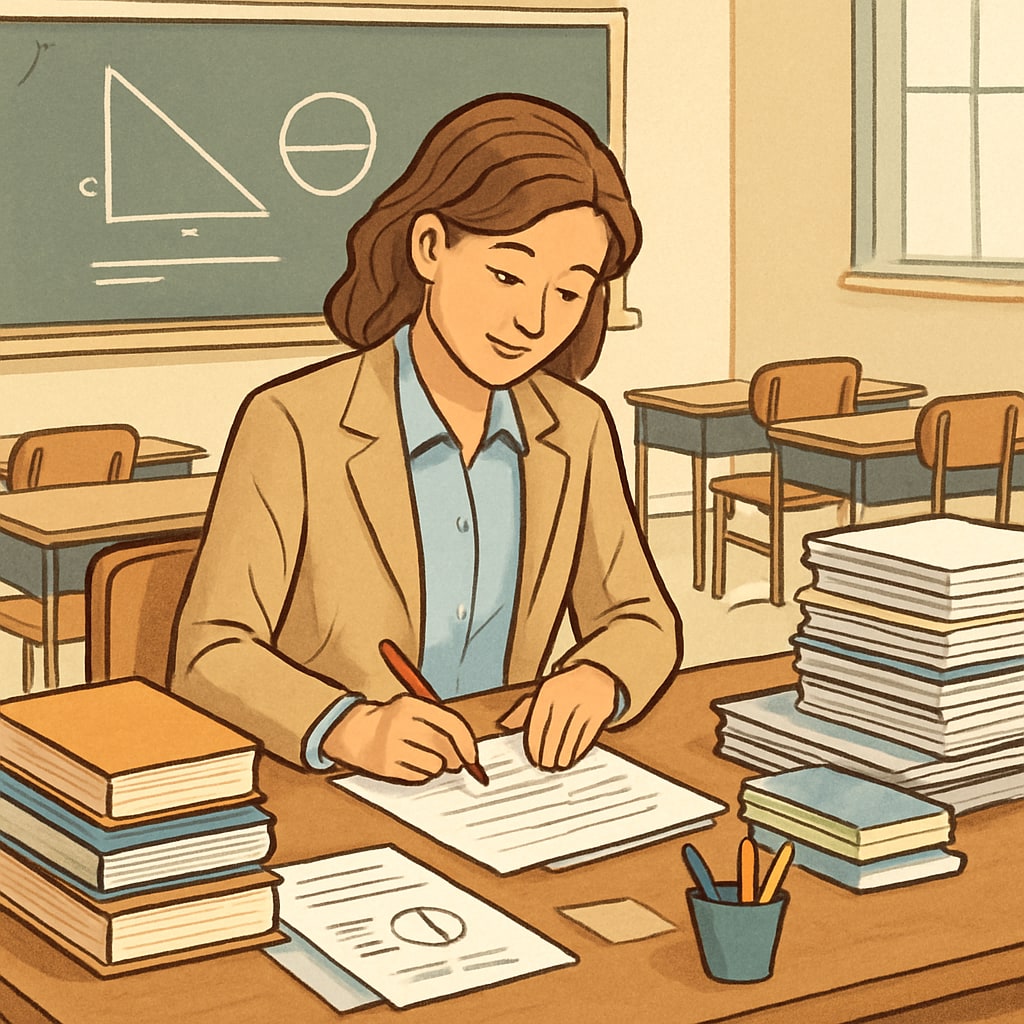 Teacher marking student assessments in a classroom.