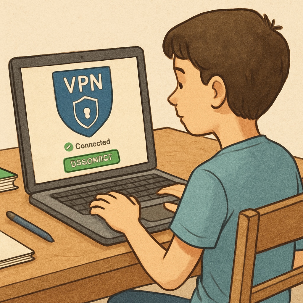 A young person with a VPN interface on their laptop, illustrating bypassing age verification.