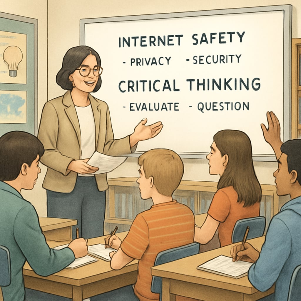 A classroom discussion on digital literacy and internet safety, highlighting education as an alternative to technical restrictions.