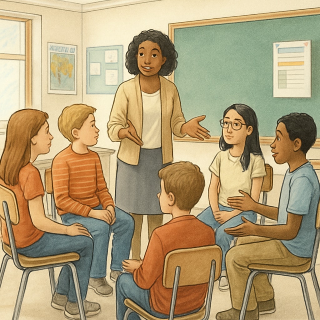Teacher moderating a student discussion with diverse opinions on social issues.