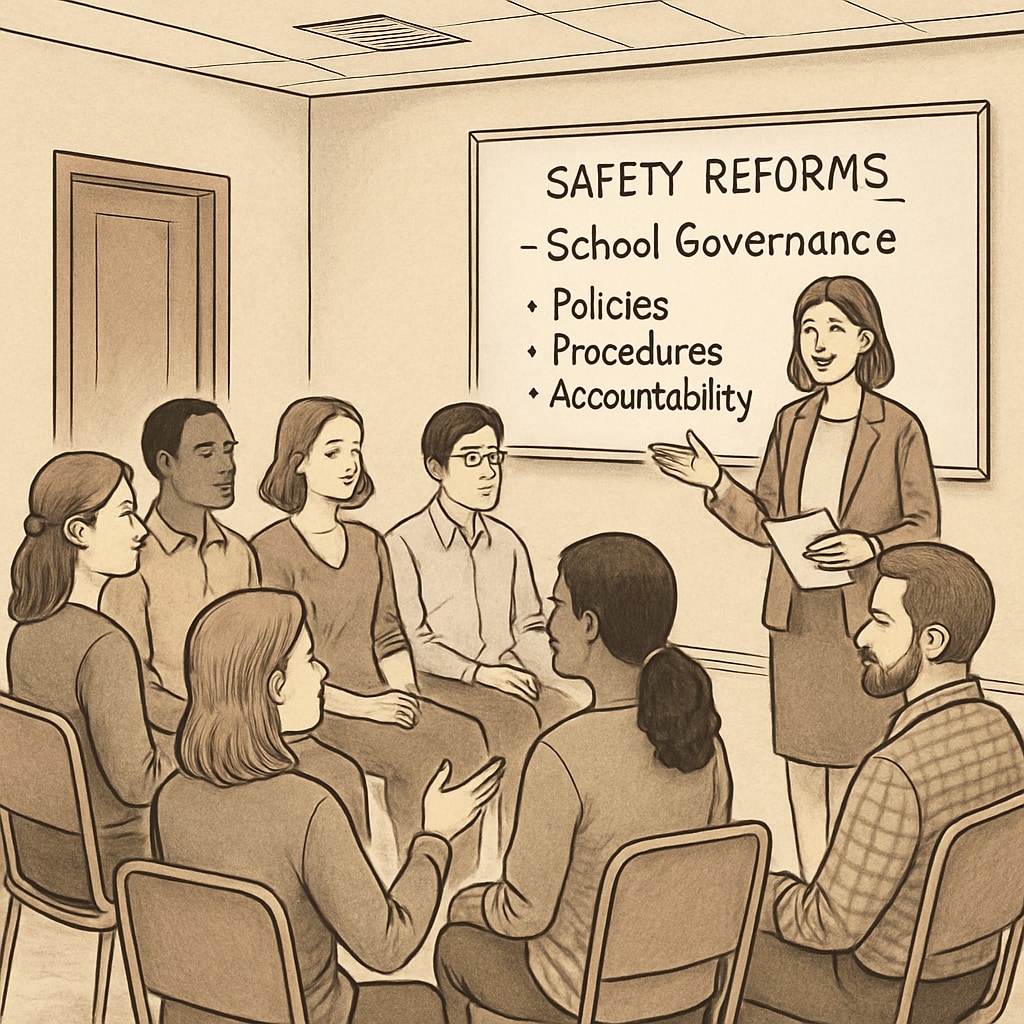 Parents advocating for school safety and governance reforms at a town hall meeting
