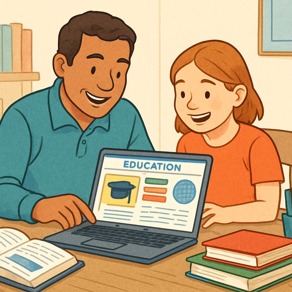 A parent guiding their child through early education on a free website.