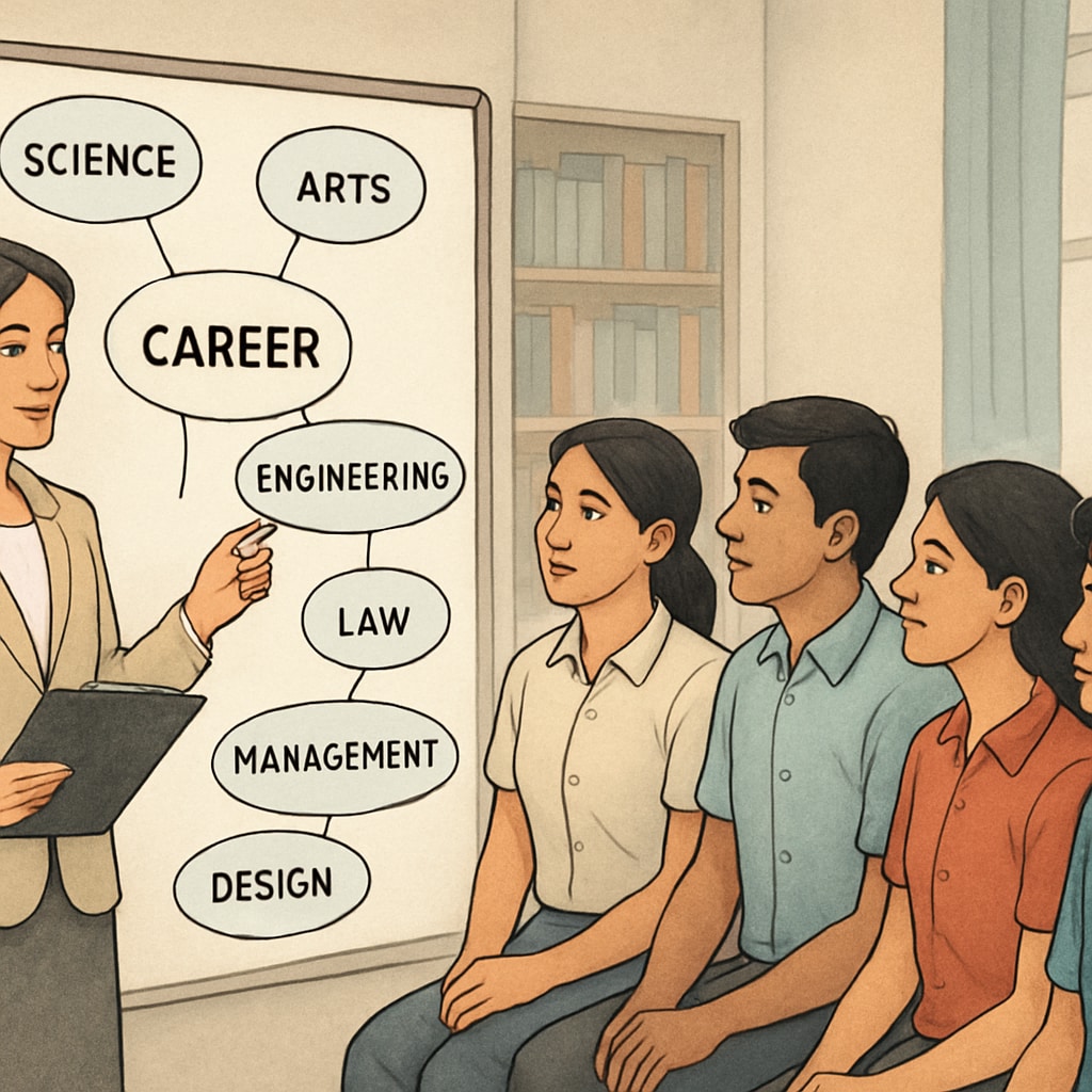 Career counselor offering advice to students about academic and career planning.