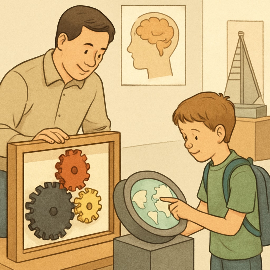 Parent and child engaging with educational exhibits at a museum.