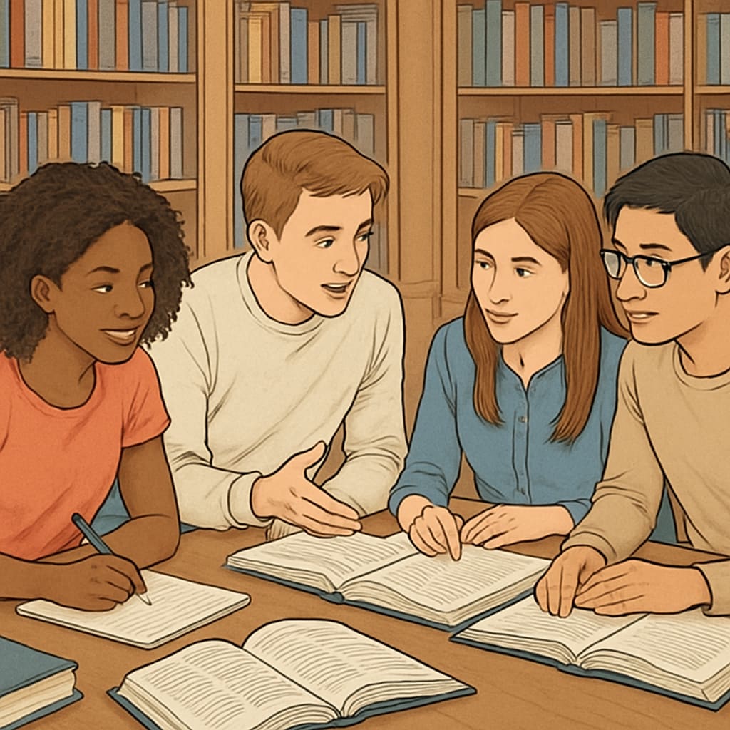 Students adapting to an all-English learning environment while studying in the library.