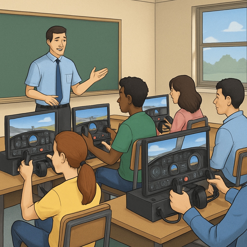 Students engaged in a flight simulation workshop to learn aviation basics.