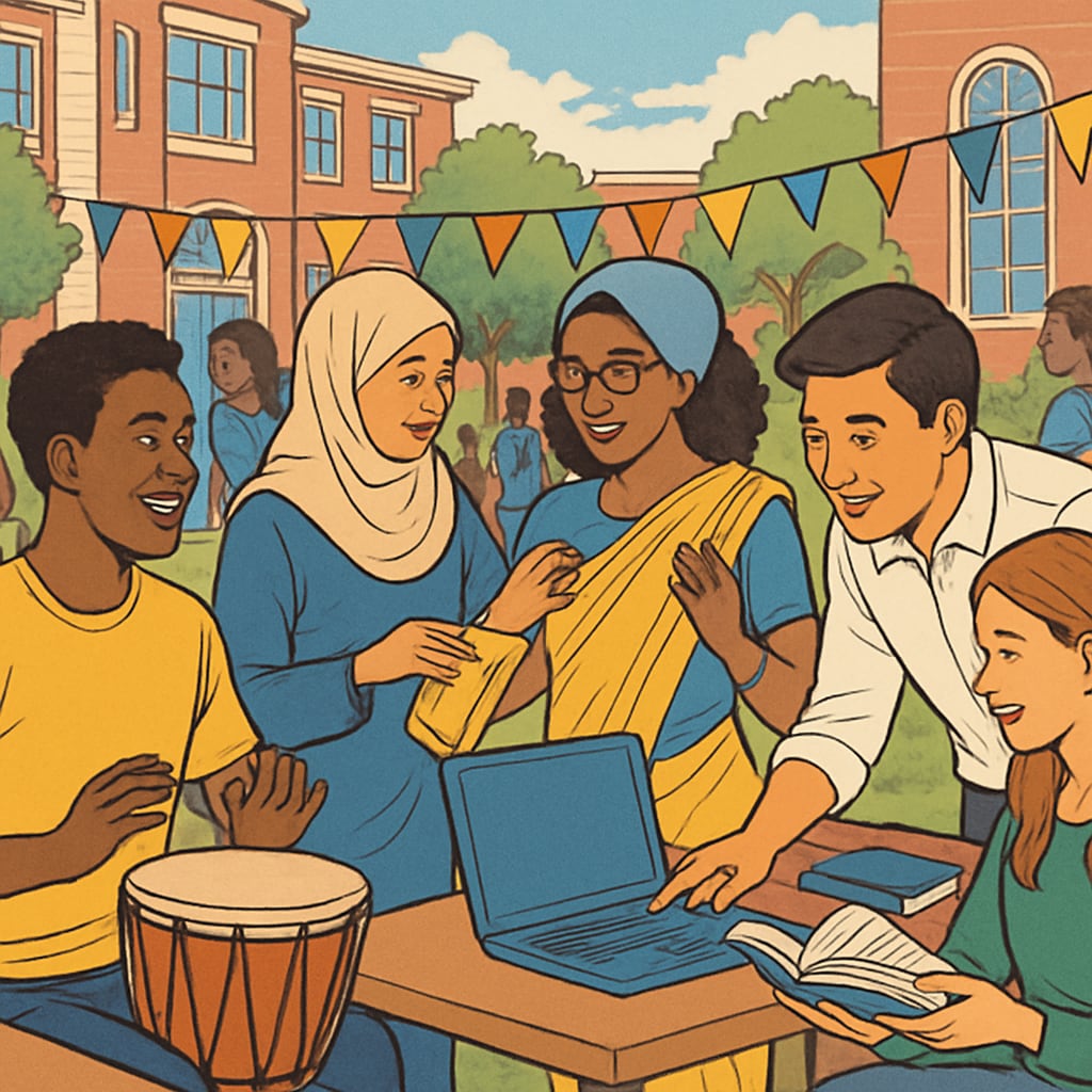 Students engaging in cultural exchange during a multicultural campus event.