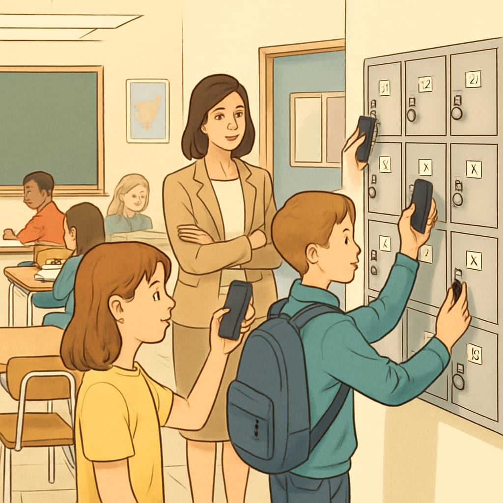 A classroom with students keeping their phones in lockers as part of a cell phone ban policy. Classroom setting illustrating public school cell phone ban policies.