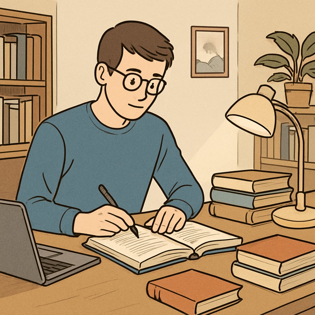 Adult studying basic education resources at a home desk.