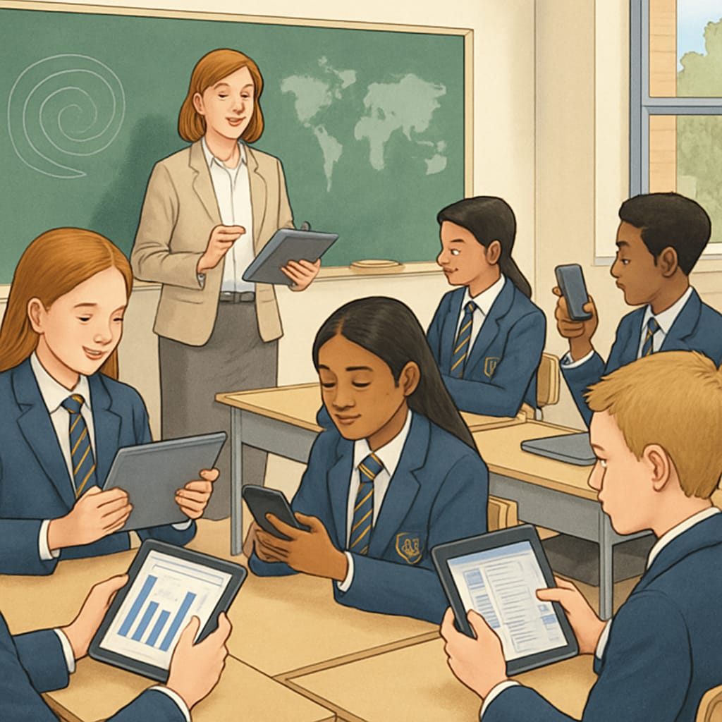 A private school classroom where students are using tablets and phones for educational purposes. A private school policy allowing educational use of phones.