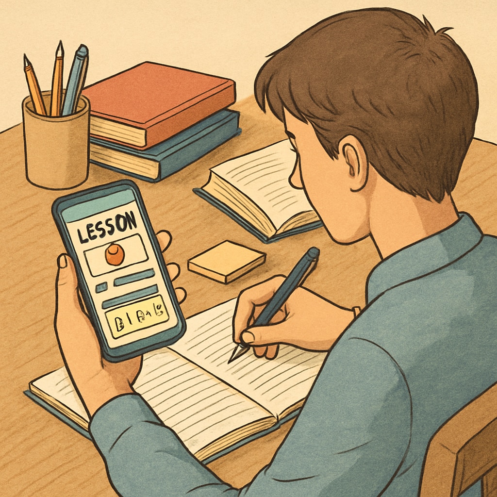 Individual using an educational app for building foundational knowledge.