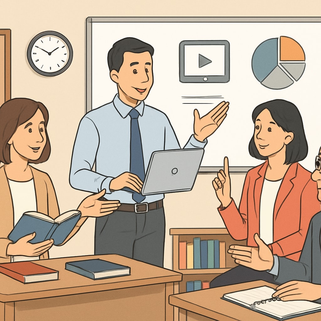 Teachers discussing modern educational tools in a classroom.