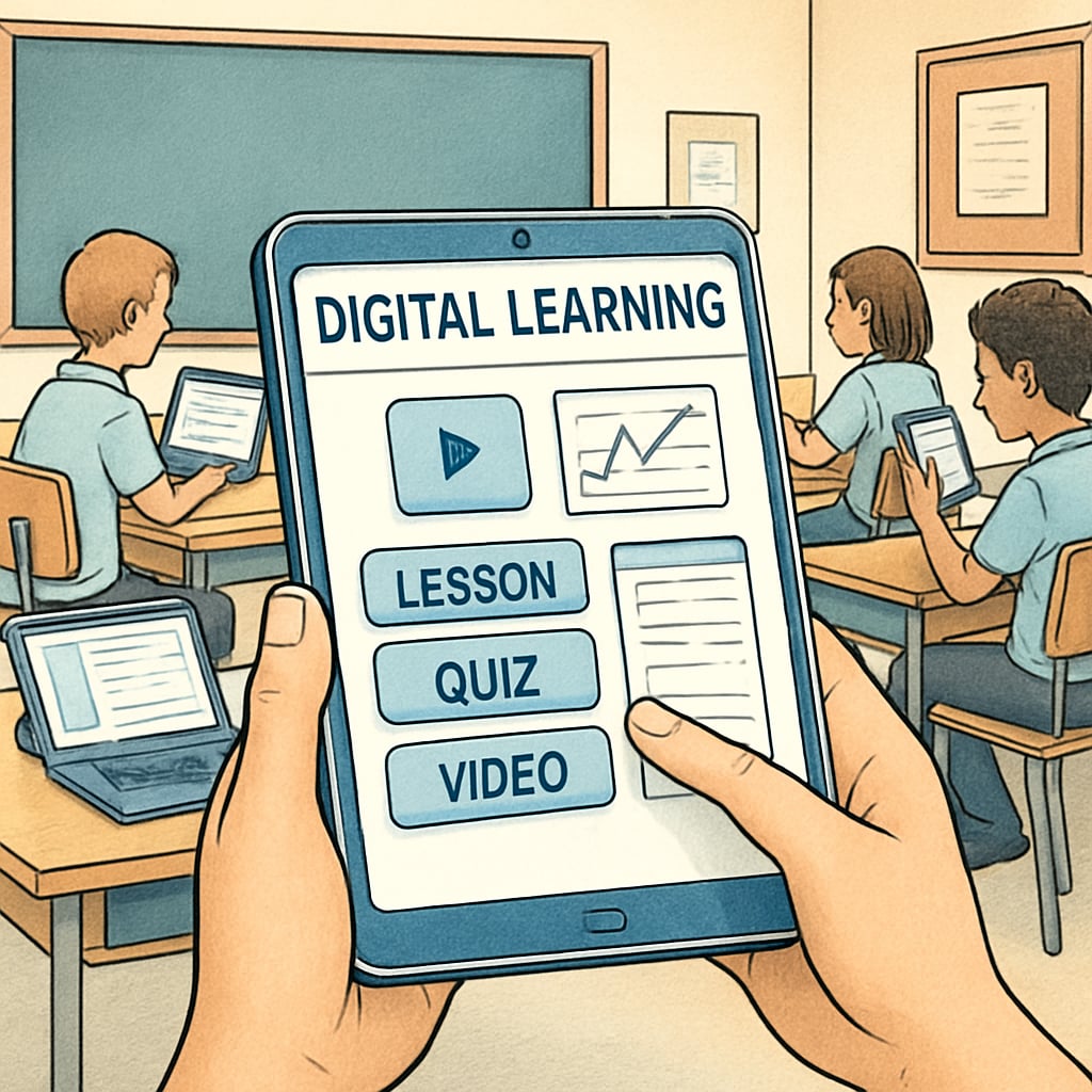 Students using a digital learning platform in a classroom setting.