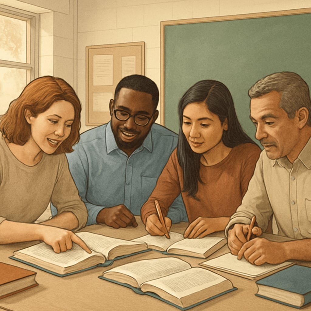 Adult learners studying together, representing adult education and GED preparation