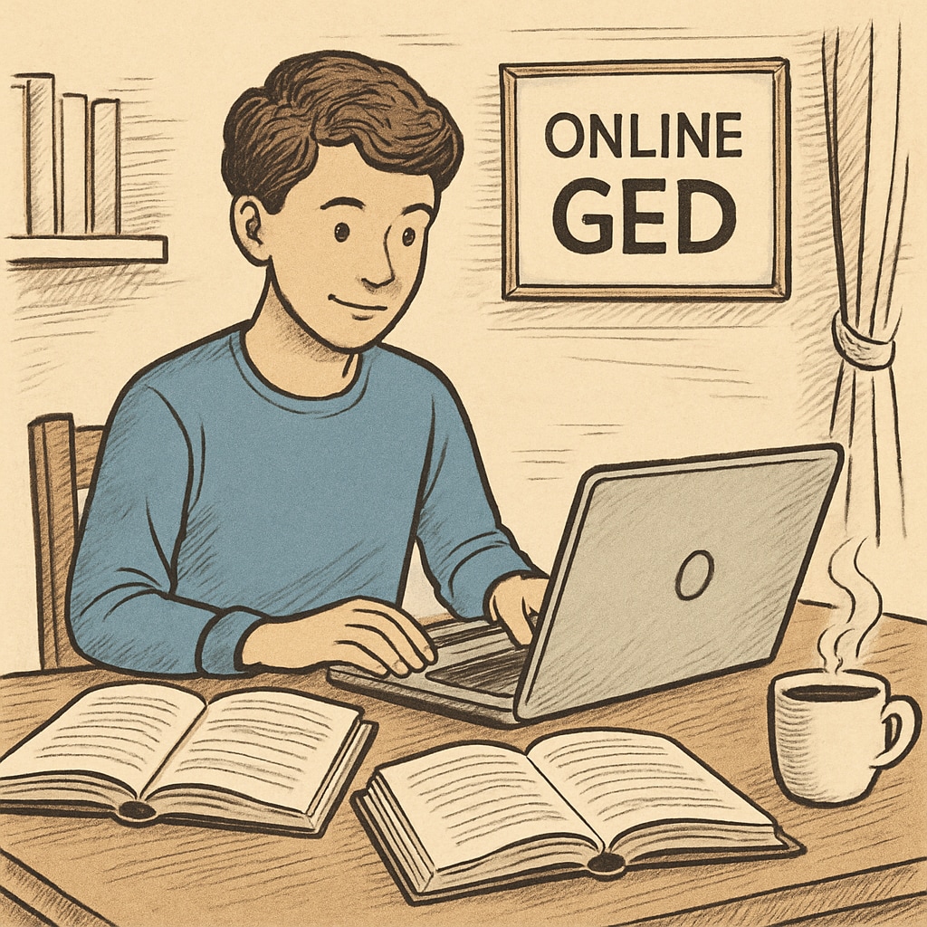 A student studying on a laptop at home, representing online GED education.