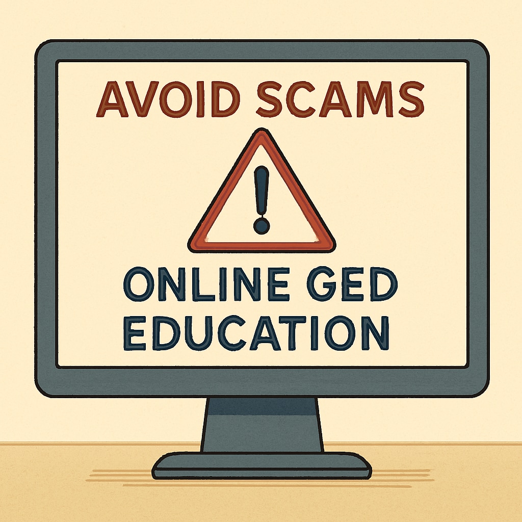A warning sign on a computer screen, symbolizing online education scams.