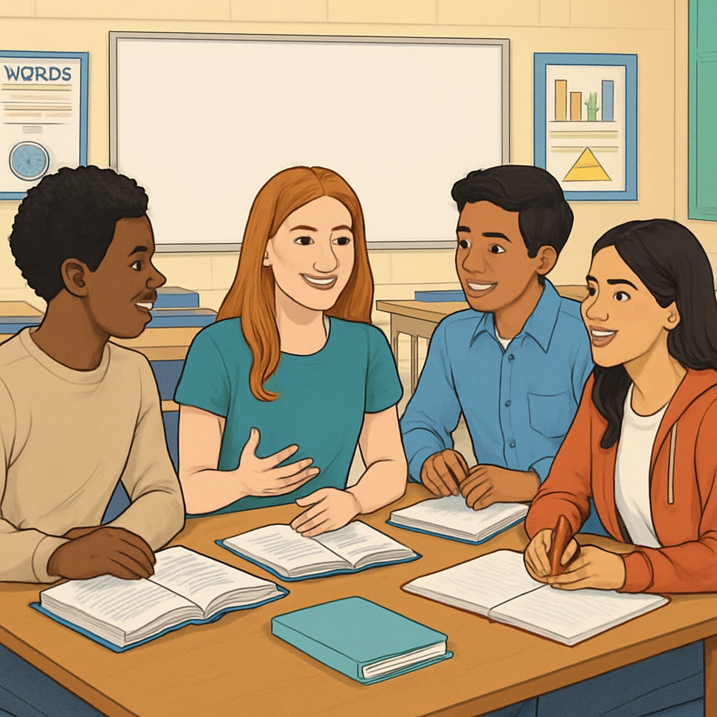 Students practicing language transition in an English-learning classroom.