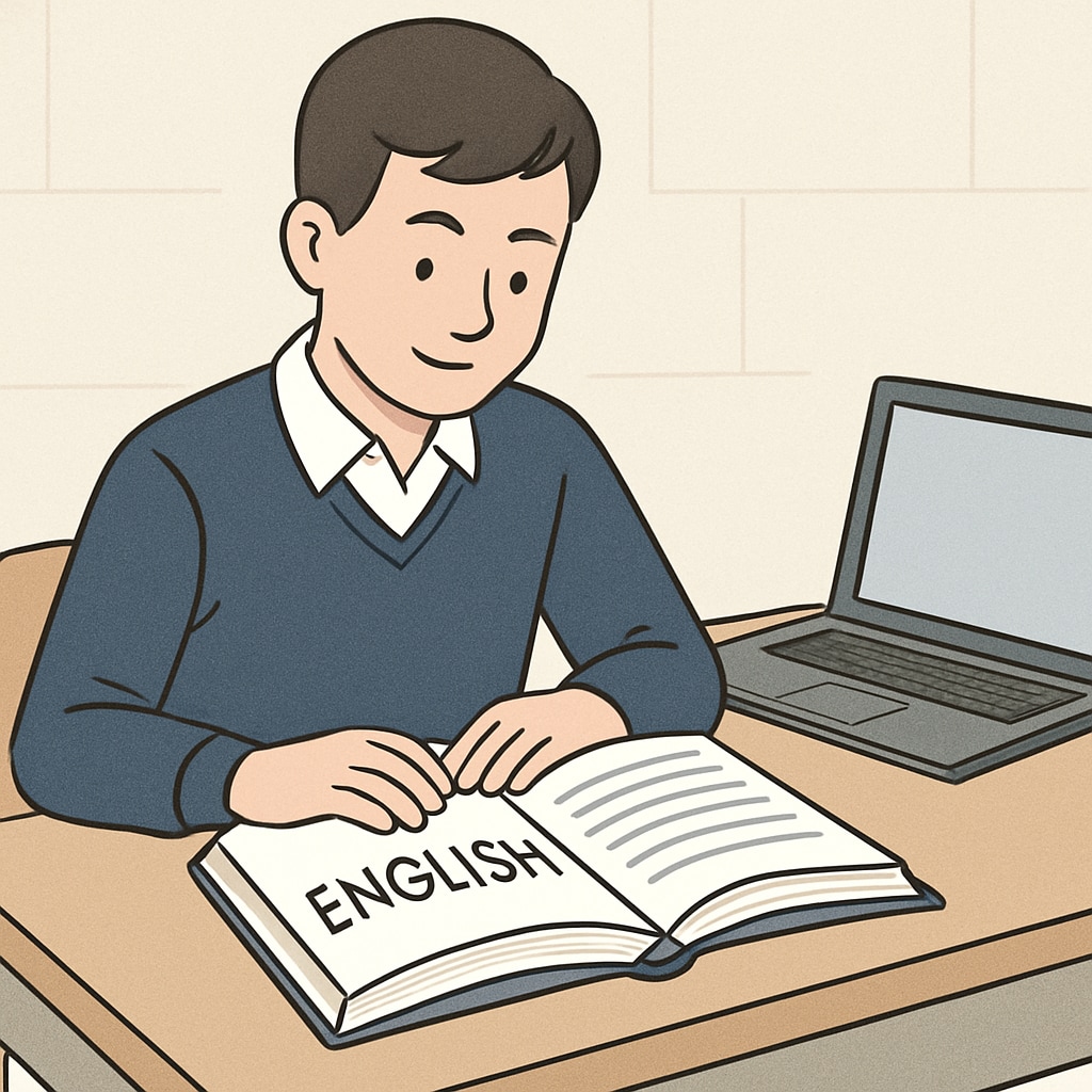 A student adapting to an English learning environment with study tools.