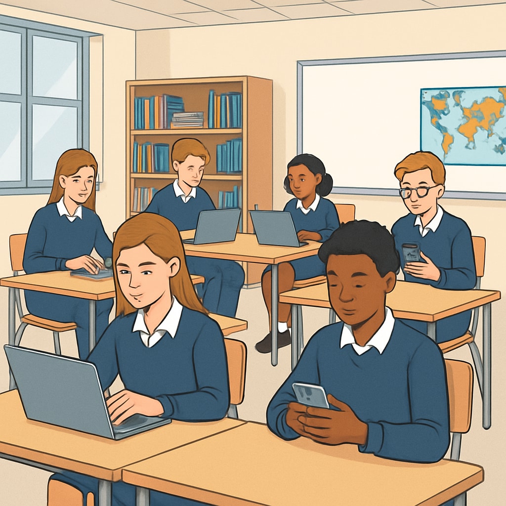 Students using devices responsibly in a classroom, reflecting private school policies.