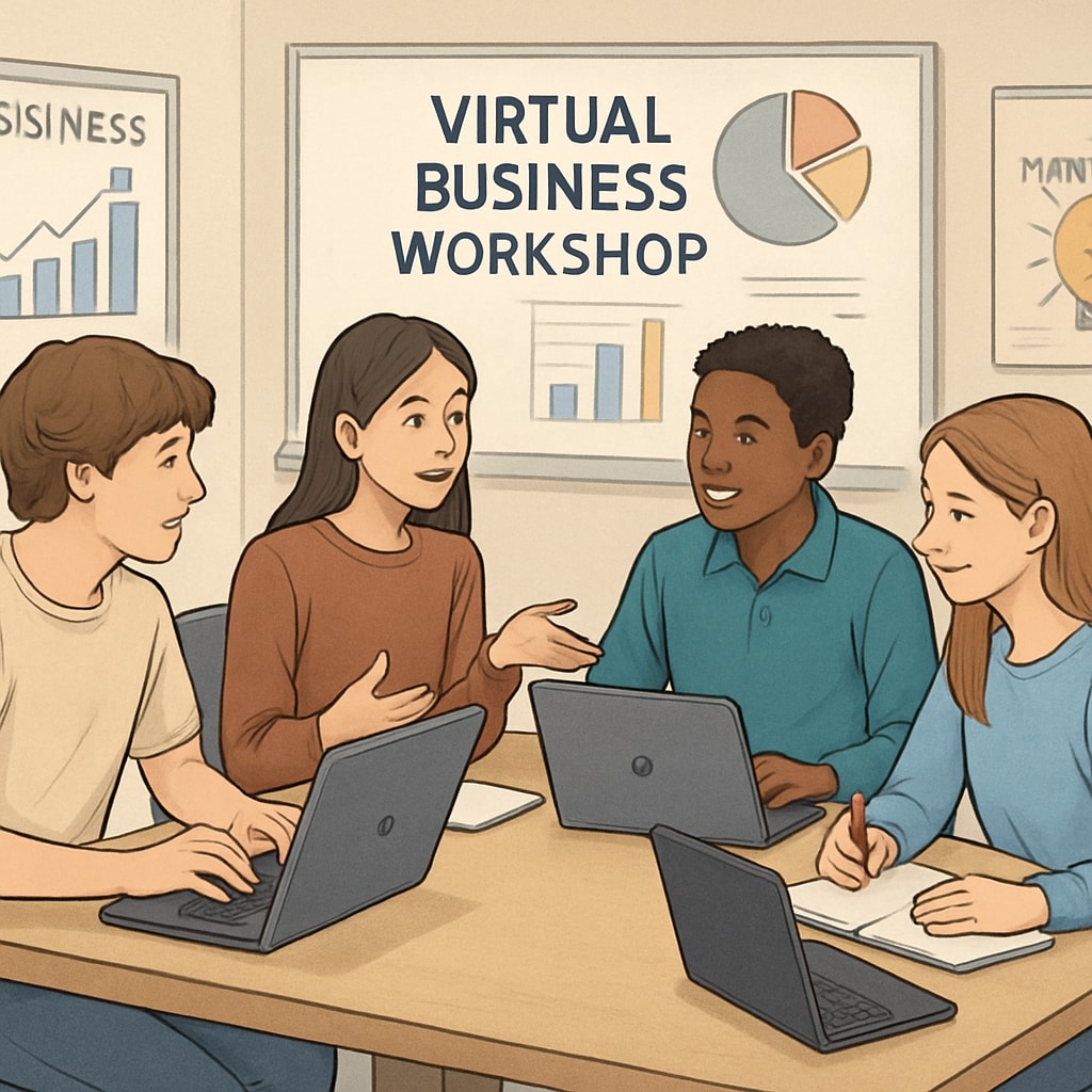 Teenagers working together on a virtual business workshop as part of SkillSpring’s free courses.