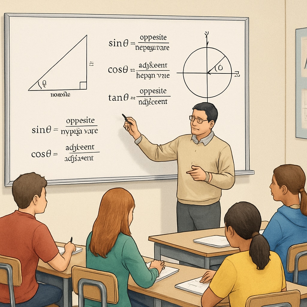 A classroom setting where a teacher explains trigonometry on a whiteboard to engaged high school students. High school math teacher explaining trigonometry on a whiteboard.