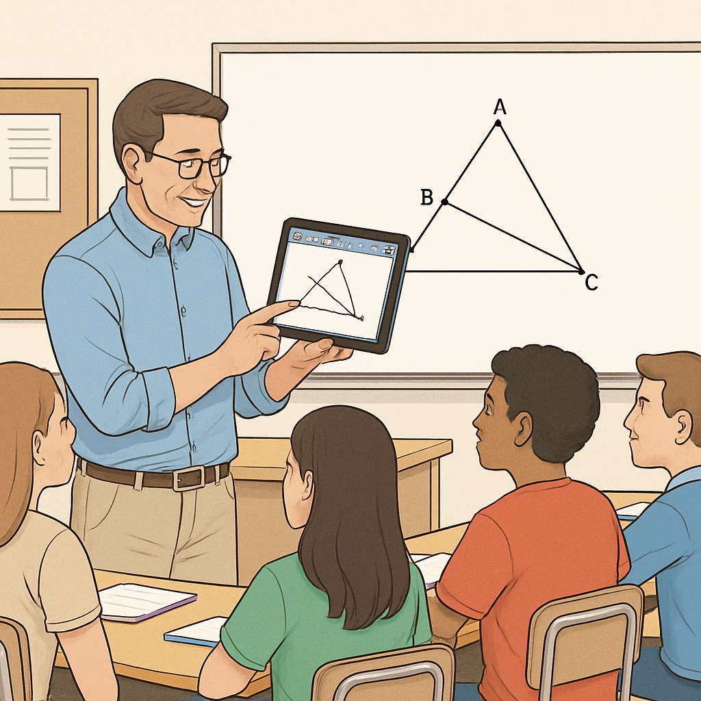 A teacher using a tablet to demonstrate geometric principles through interactive software to a high school class. Teacher demonstrating geometric principles via interactive software to high school students.