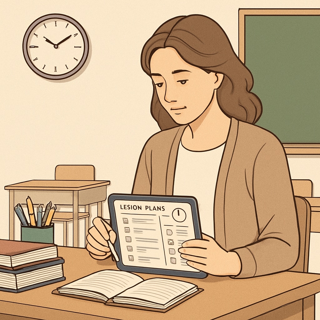 Teacher managing lesson plans with digital tools for education pain points, tool needs, and student-educator feedback.