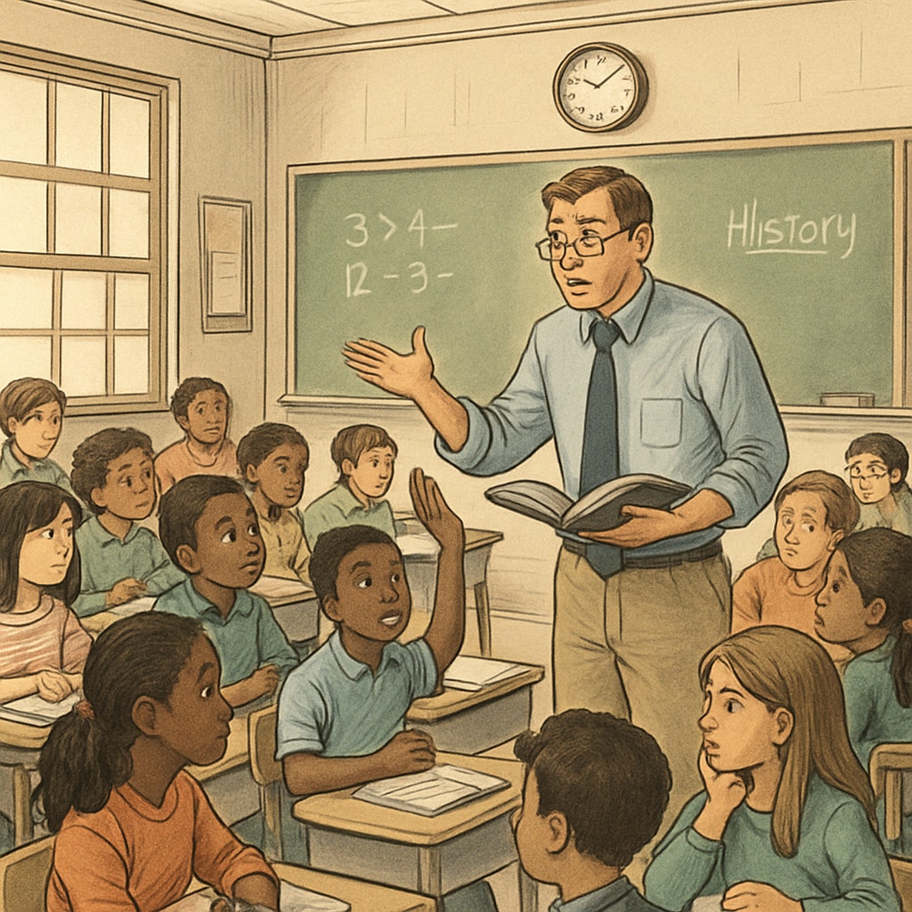 Overcrowded classroom with a teacher engaging a large group of students, showing the effects of education privatization.