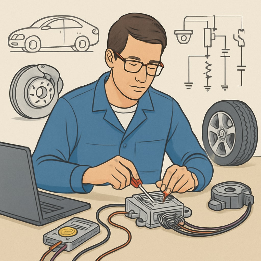 Engineer troubleshooting ADAS module for electrical learning in automotive development.