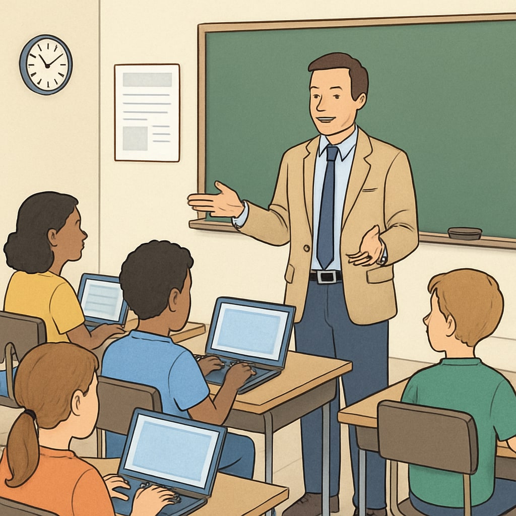 Classroom with teacher discussing technology use, representing AI tools and academic integrity.