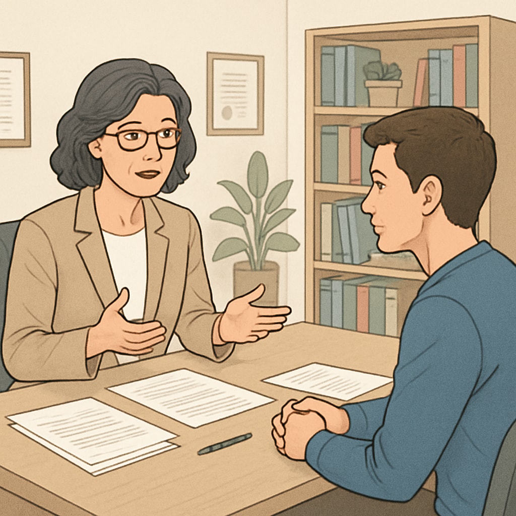 Career counselor guiding a young adult on career paths.