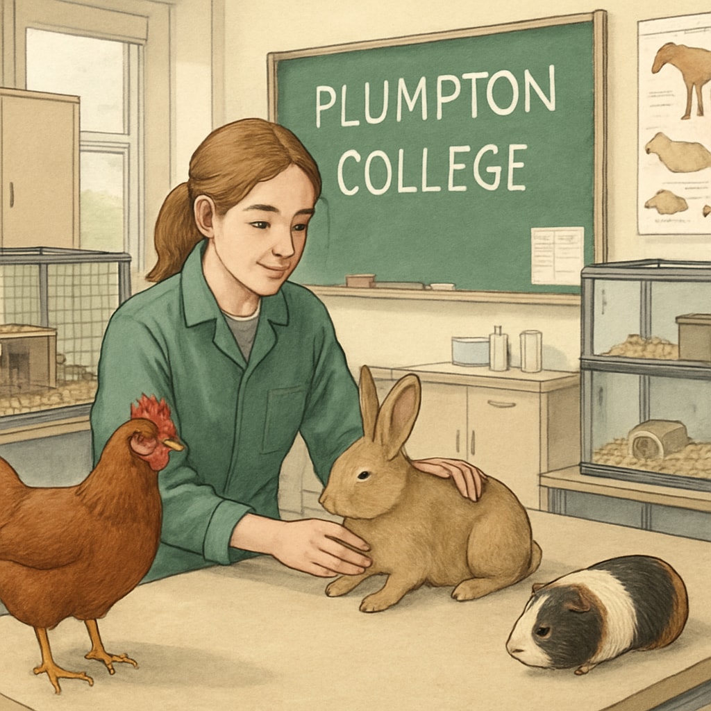 A Plumpton College student participating in a practical animal care session.