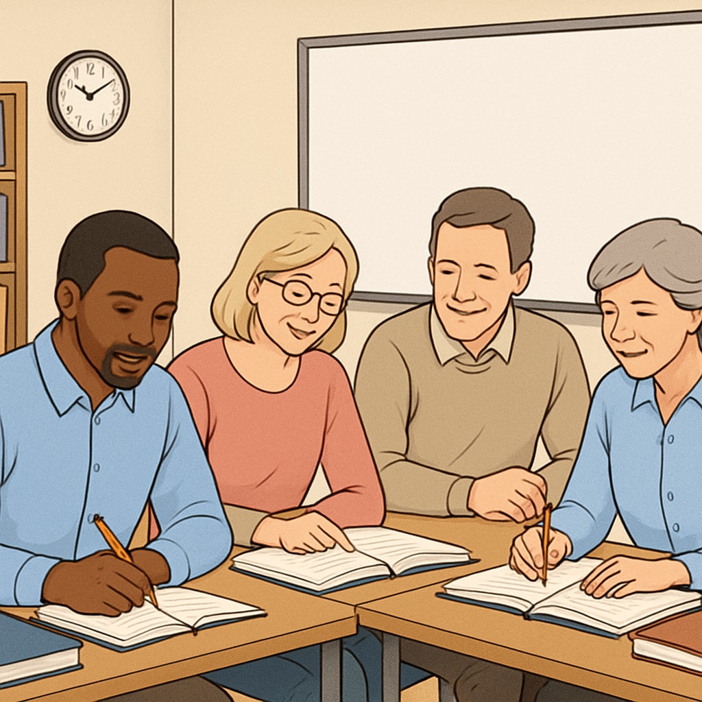 Adult learners in a classroom setting discussing coursework, representing adult education and GED college admissions.