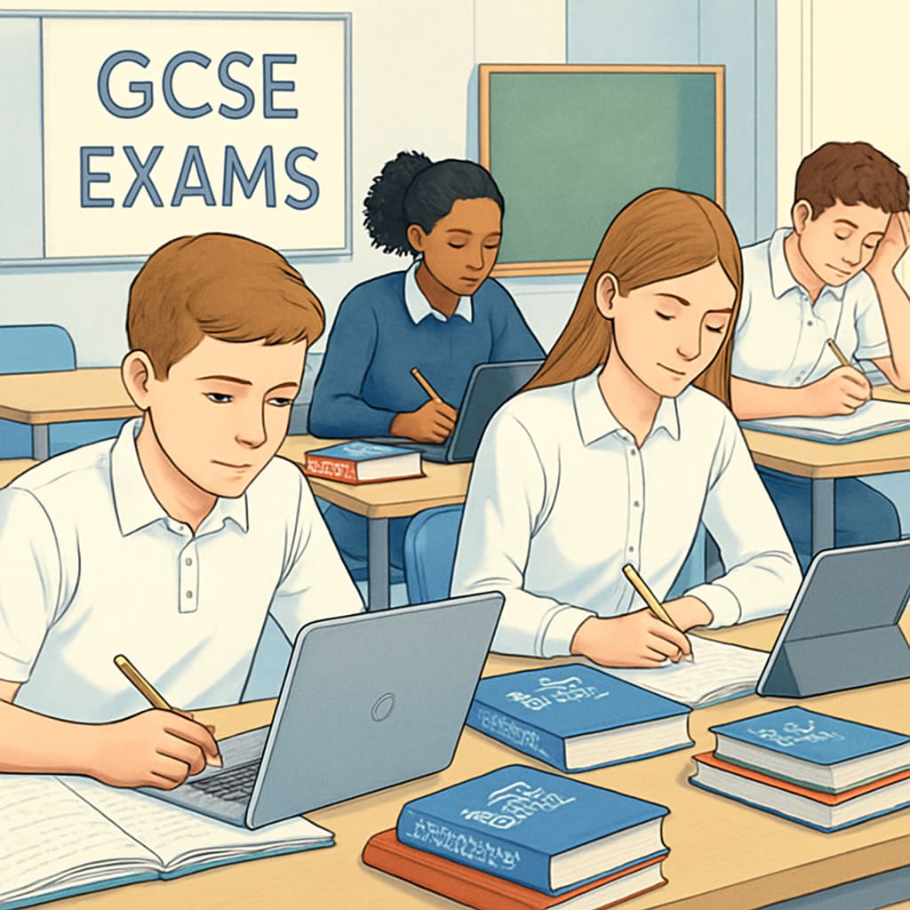 GCSE students studying with books and digital tools in a classroom.