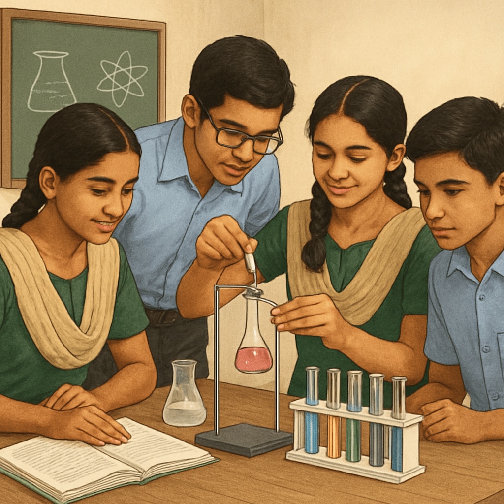 Kerala students conducting a science experiment, demonstrating practical and collaborative learning methods.