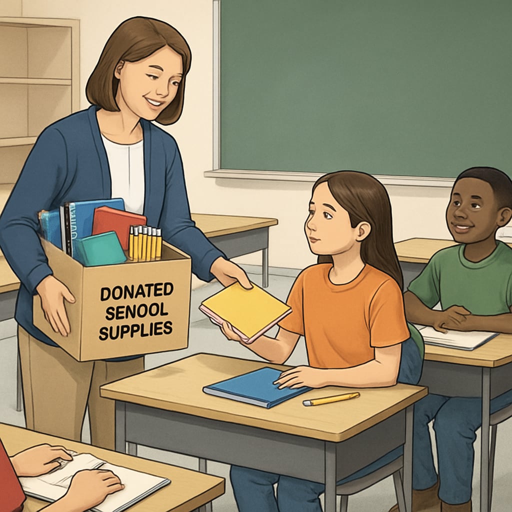 A teacher distributing donated classroom supplies to students.