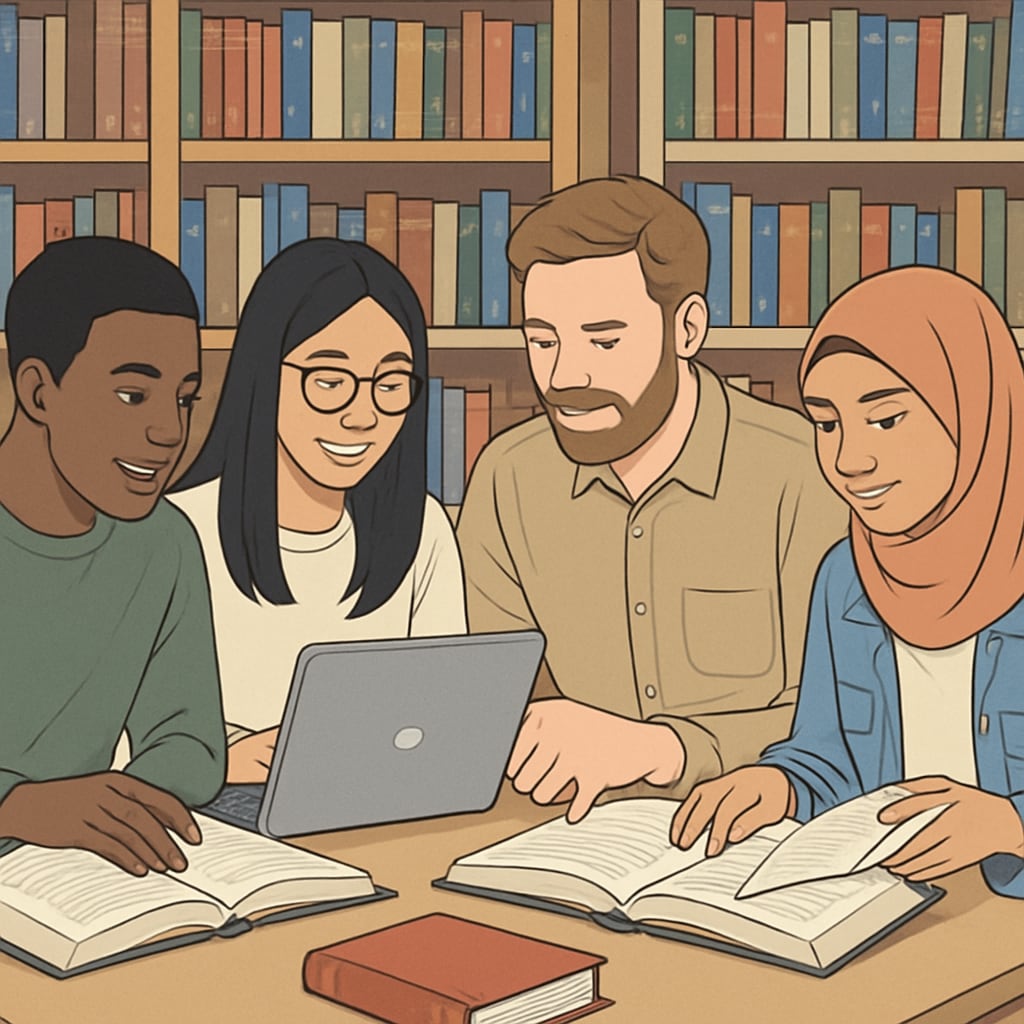 International students studying together in a library, representing language and academic adaptation.
