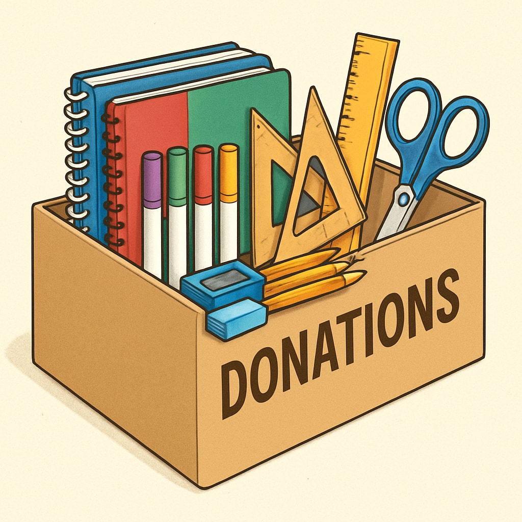 A box of classroom donations including essential supplies.