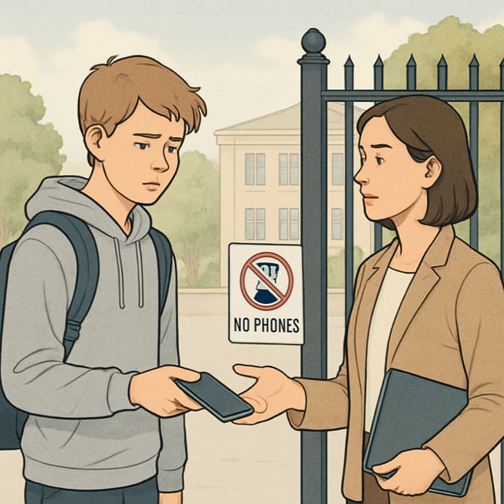 A student reluctantly handing over their smartphone to a teacher at the school gate. The image reflects the enforcement of a campus phone ban. A student handing over their smartphone to a teacher under a campus phone ban policy.