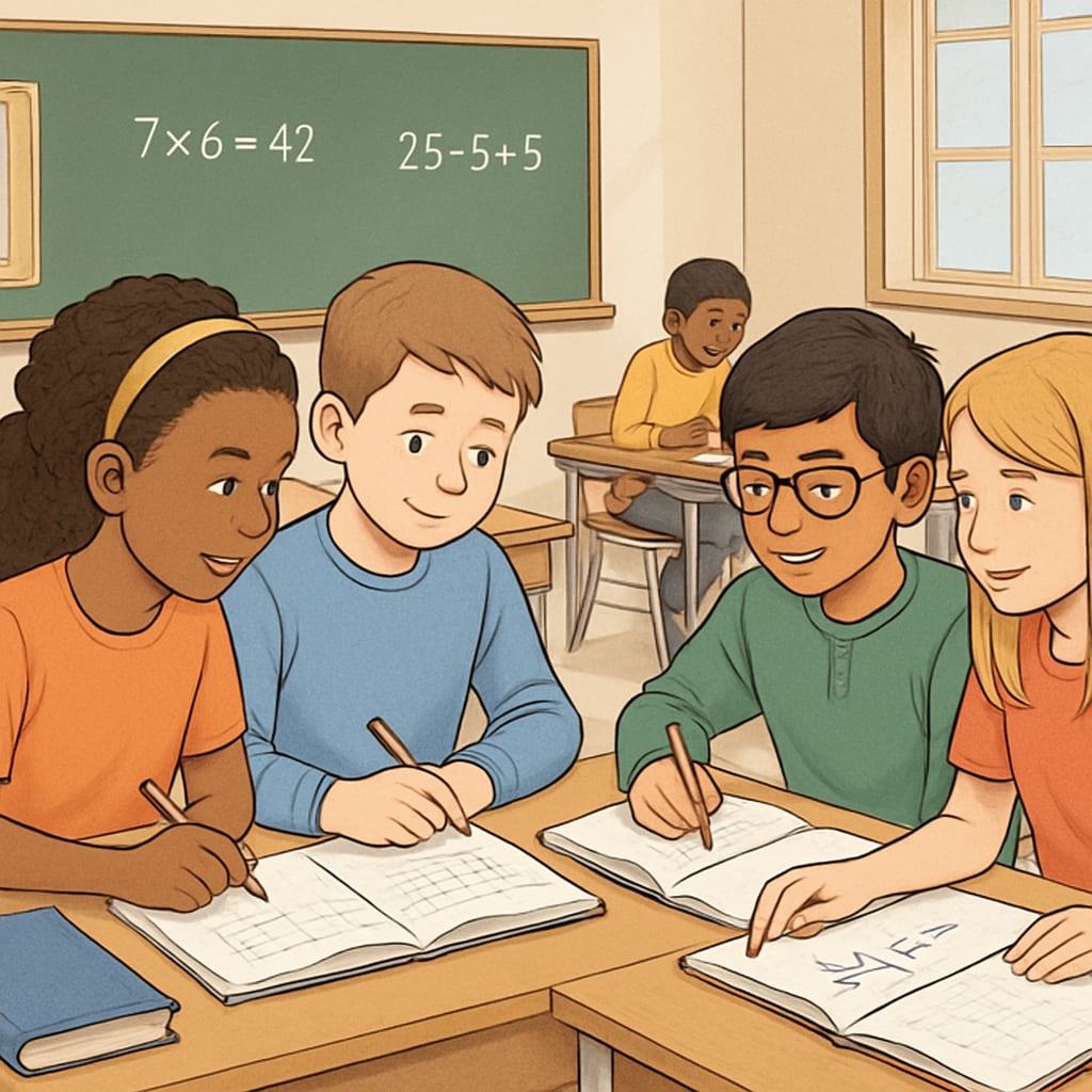 Diverse students solving math problems together, promoting inclusivity in high school math education.