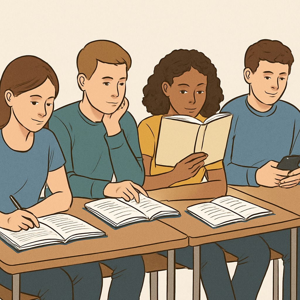 A group of students sitting together, some studying while others discreetly use their phones. The image illustrates the challenges of enforcing a phone ban. Students sitting together, with some studying and others using their phones under a campus phone ban.
