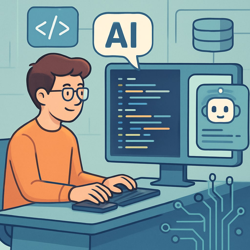 Young programmer using AI-powered tools to code in a futuristic workspace.